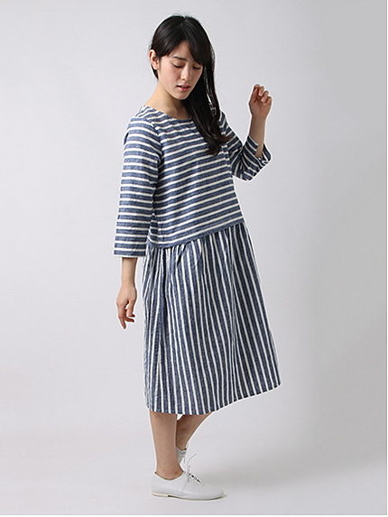 綿麻ストライプワンピース 1101859-21-11-11