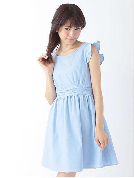 【Special Price】袖フリルシャンブレーワンピース