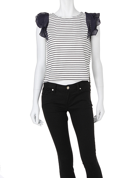 【DUO】 袖シフォンラッフルボーダーカットソー