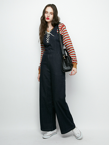 レースアップデニムオールインワン