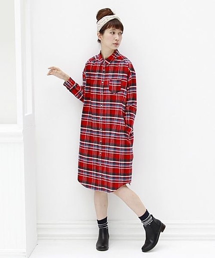 コットンライトネルチェックシャツワンピース