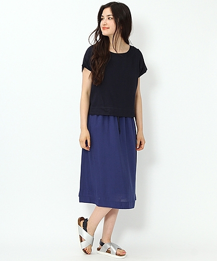 麻レーヨンボートネック配色ワンピース