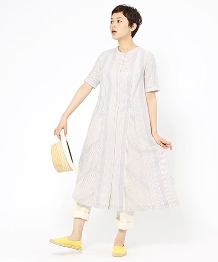 コットンポリウレタンストライプクルーネックワンピース