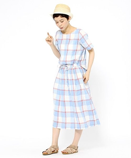 先染めリネンチェックワンピース