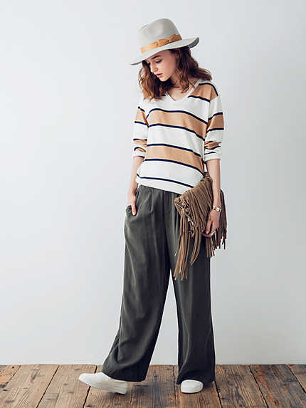 Vネックマルチボーダーカラーニット