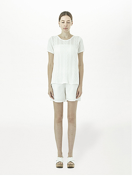 ・ミックス柄ニット異素材コンビ半袖プルオーバー