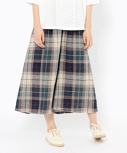 コットンリネン先染めチェックワイドパンツ