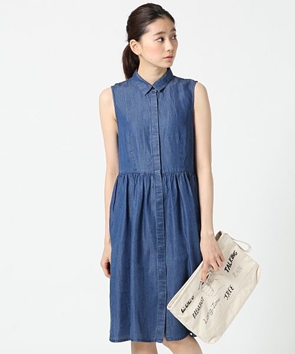 Ｒデニムフレアノースリーブシャツワンピース