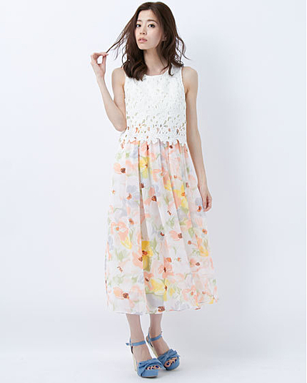 【non-no6月号掲載】レースx花柄ドッキング/ワンピース