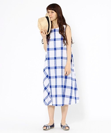 コットンリネンビッグチェック切り替えワンピース