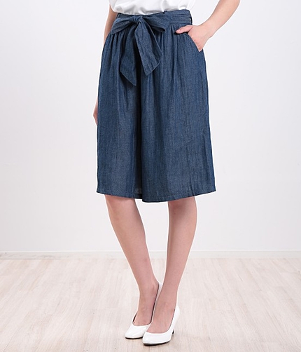 デニム共布ベルト付ガウチョパンツ