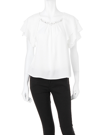 【DUO】 ビジュ付袖フリルエアリーブラウス