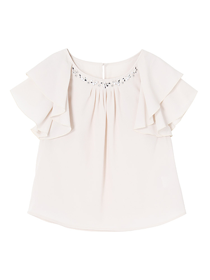 【DUO】 ビジュ付袖フリルエアリーブラウス