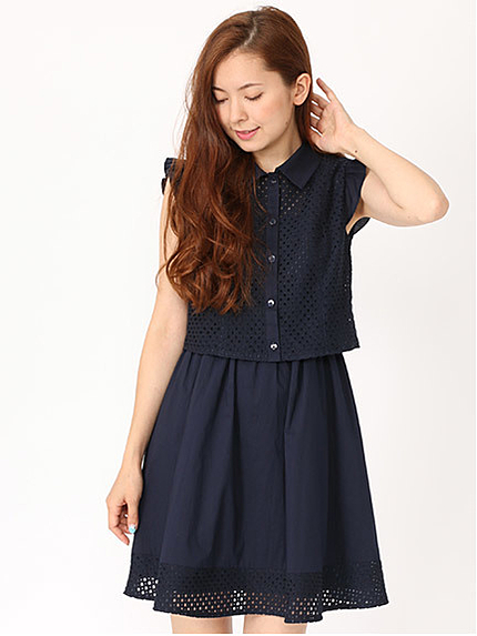 レース切替シャツワンピース