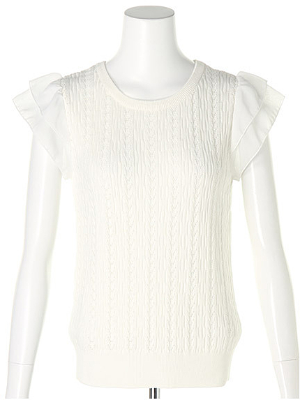 シフォン袖透かし編み柄ニット