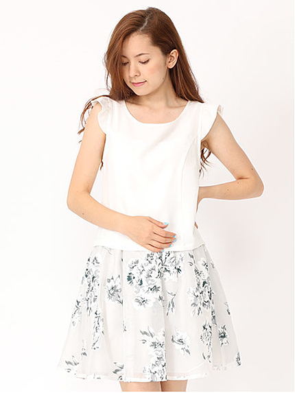 花プリントオーガンジーコンビワンピース