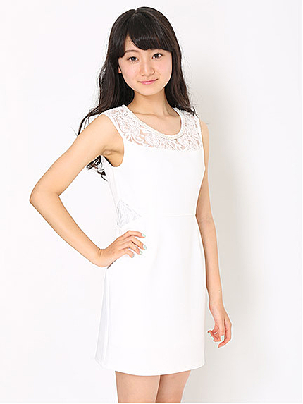 レース切替ビジューネックミニワンピース