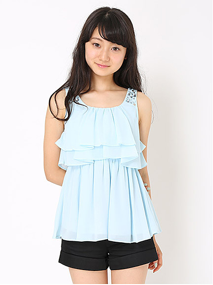 肩ビジューシフォンティアードノースリブラウス