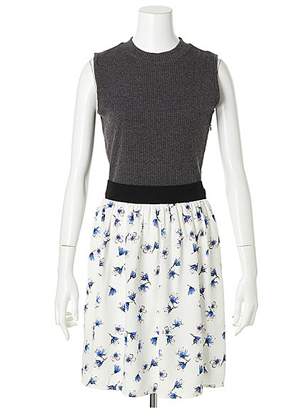 リブ花柄コンビワンピース