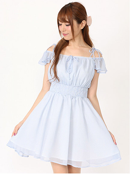 シアーチェックフリル袖OP