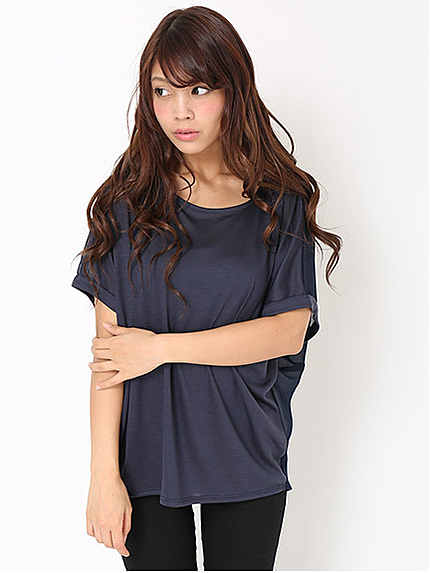 後ろタック異素材ロール袖トップス