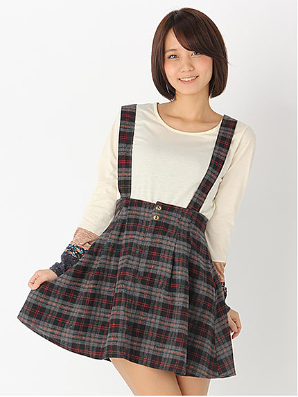 サスペンダー付きハイウエストネルチェックスカート