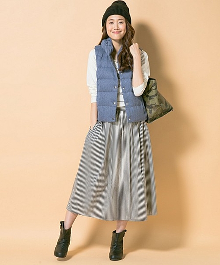 【秋の新作】コットン/ナイロンストライプストレッチスカート