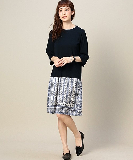 BY スカーフドッキング7分袖ワンピース