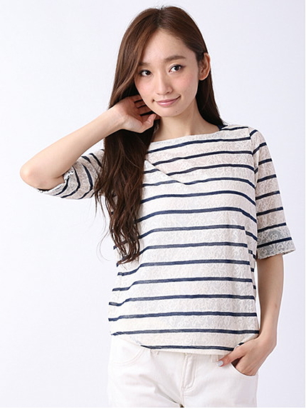 ボーダーレース7分袖プルオーバー