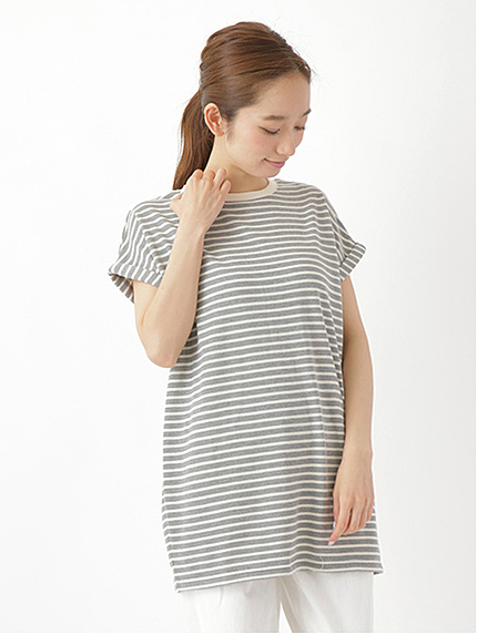 ・杢ボーダー ドルマンスリーブ半袖プルオーバー