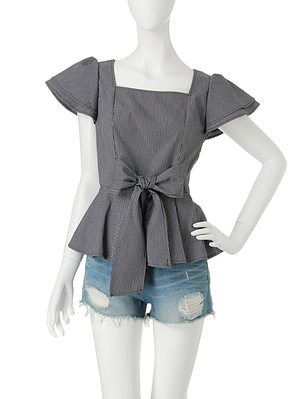 【W】ストライプペプラムブラウス