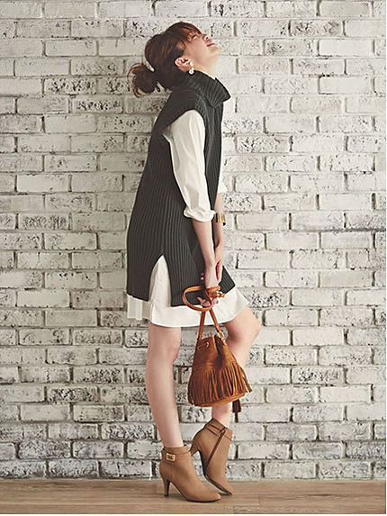 シャツワンピース付リブニットワンピース