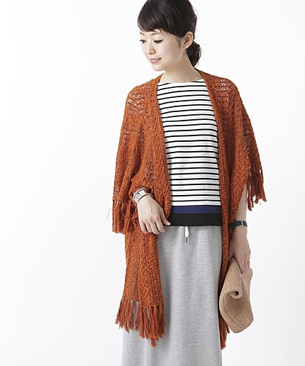 スカシ編みフリンジポンチョカーデ