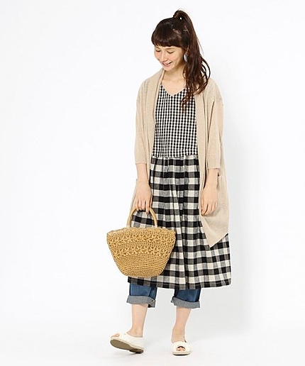コットンリネンチェック切り替えワンピース