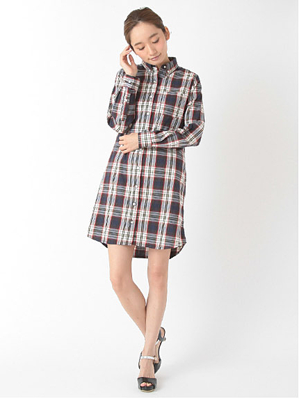 ・チェック 長袖ワンピース