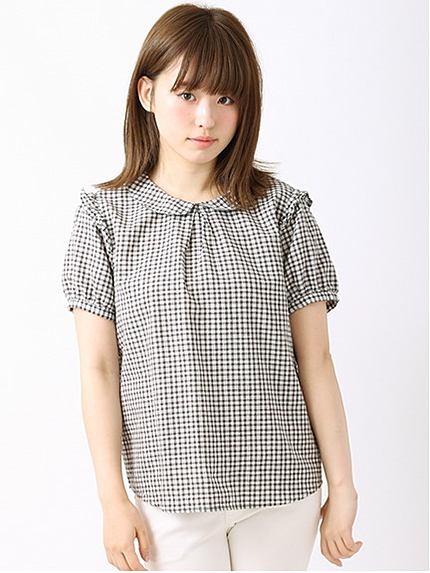綿麻チェック肩フリルブラウス 1702945-22-13-11