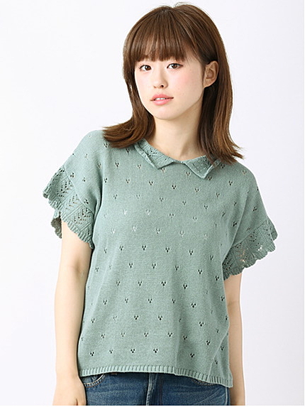 透かし編み襟付プルオーバー 1602548-22-13-11