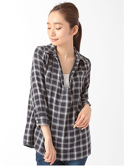 接結チェックスキッパーシャツ 1702996-22-12-11