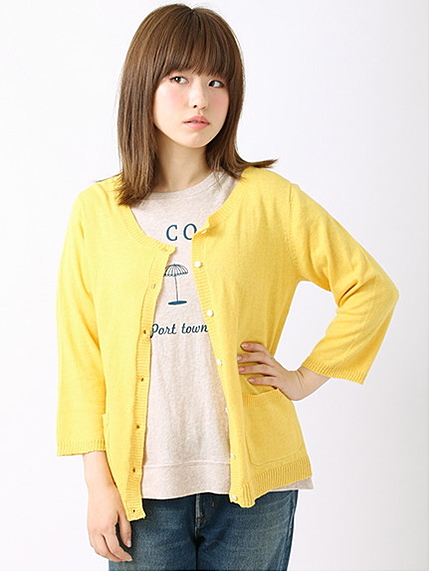 UV加工裾透かし柄クルーネックカーディガン 1602504-22-11-12