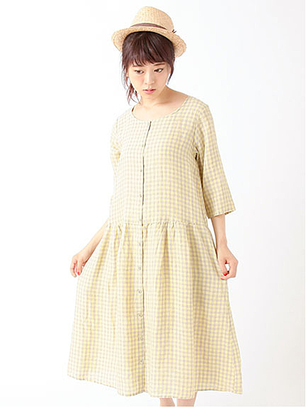 リネンギンガム前開きワンピース 1101901-22-11-11