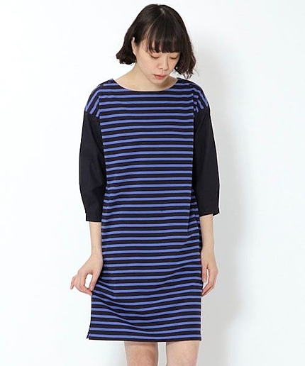 綿テンボーダー布帛コンビチュニ