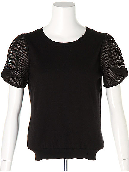 袖格子レースリボンニット