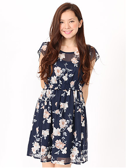 オーガンジー風フラワープリントワンピース