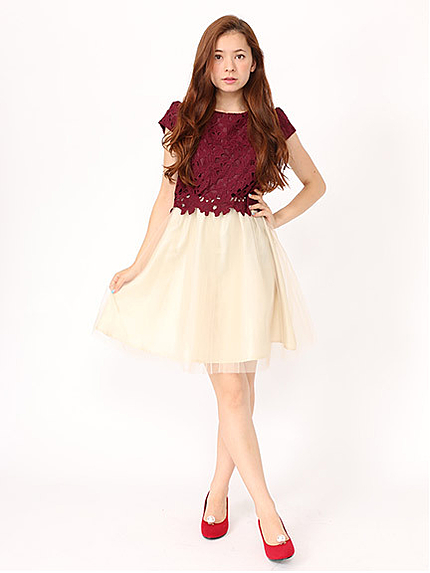 刺繍レースドッキングワンピース