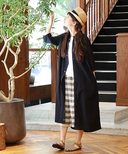 コットンリネンハーフスリーブロングシャツワンピース