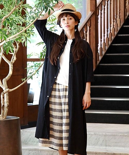 コットンリネンハーフスリーブロングシャツワンピース