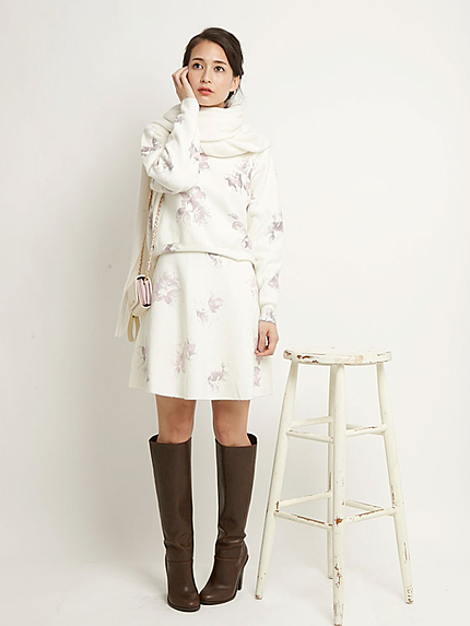 【DUO】 単色Flowerニットフレアスカート