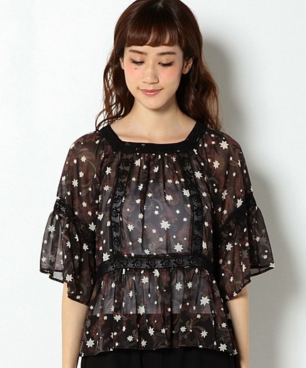 ポリエステルシフォンプリント&レースブラウス/AEFC PシフォンPRT &レース BL