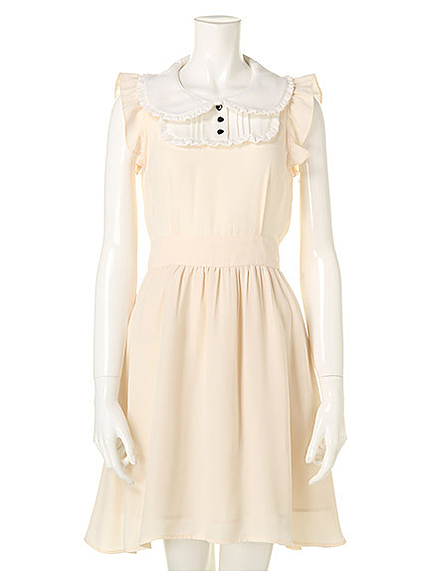 ハートボタンフリル袖配色ワンピース