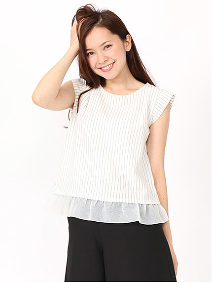 裾切替ストライプブラウス